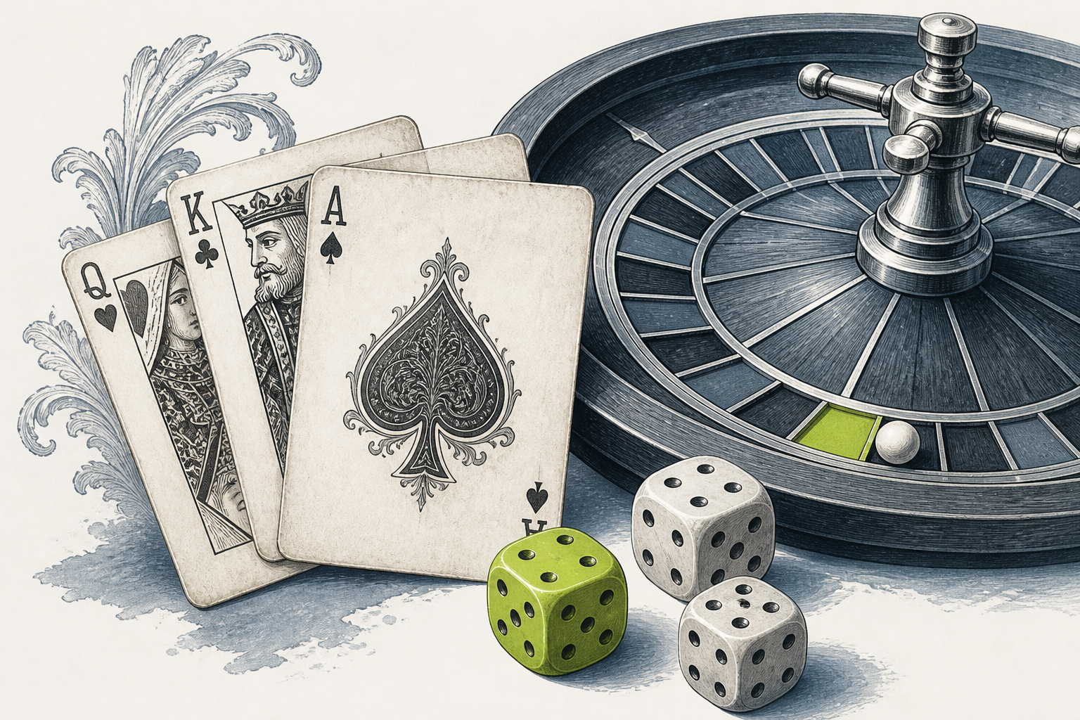 Still-life illustration of cards, dice and a roulette wheel detail